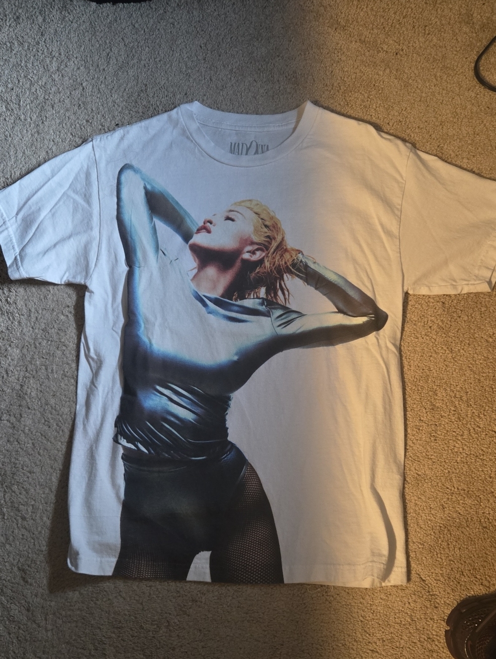 Madonna Celebration Tour White Graphic Women’s Tee with Metallic Blue Print